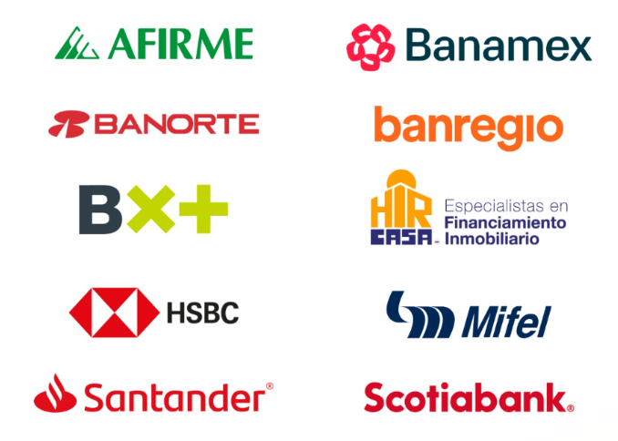 Logotipos de Afirme, Banamex, Banorte, Banregio, B por Más, HIR Casa, HSBC, Mifel, Santander y Scotiabank